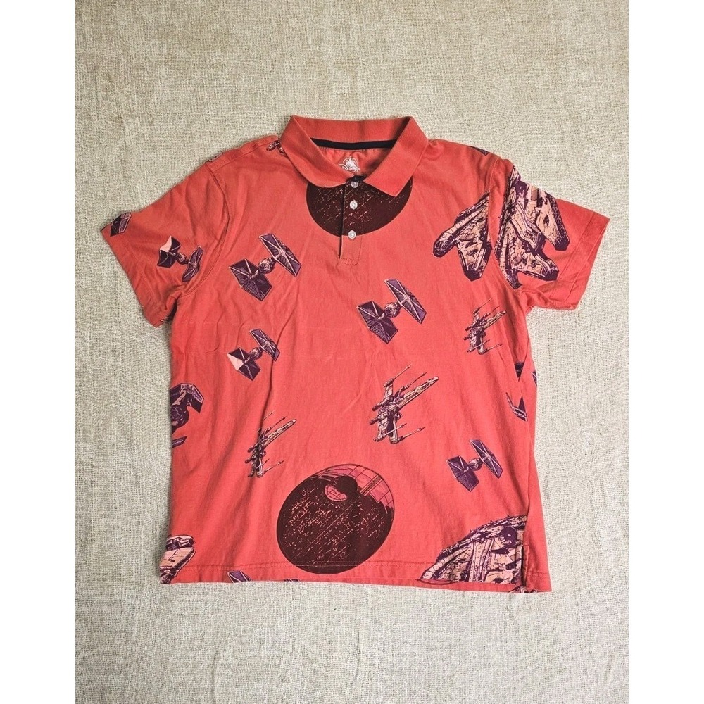Disney Star Wars Polo Shirt Size Large Red Slim Fit All Over Print